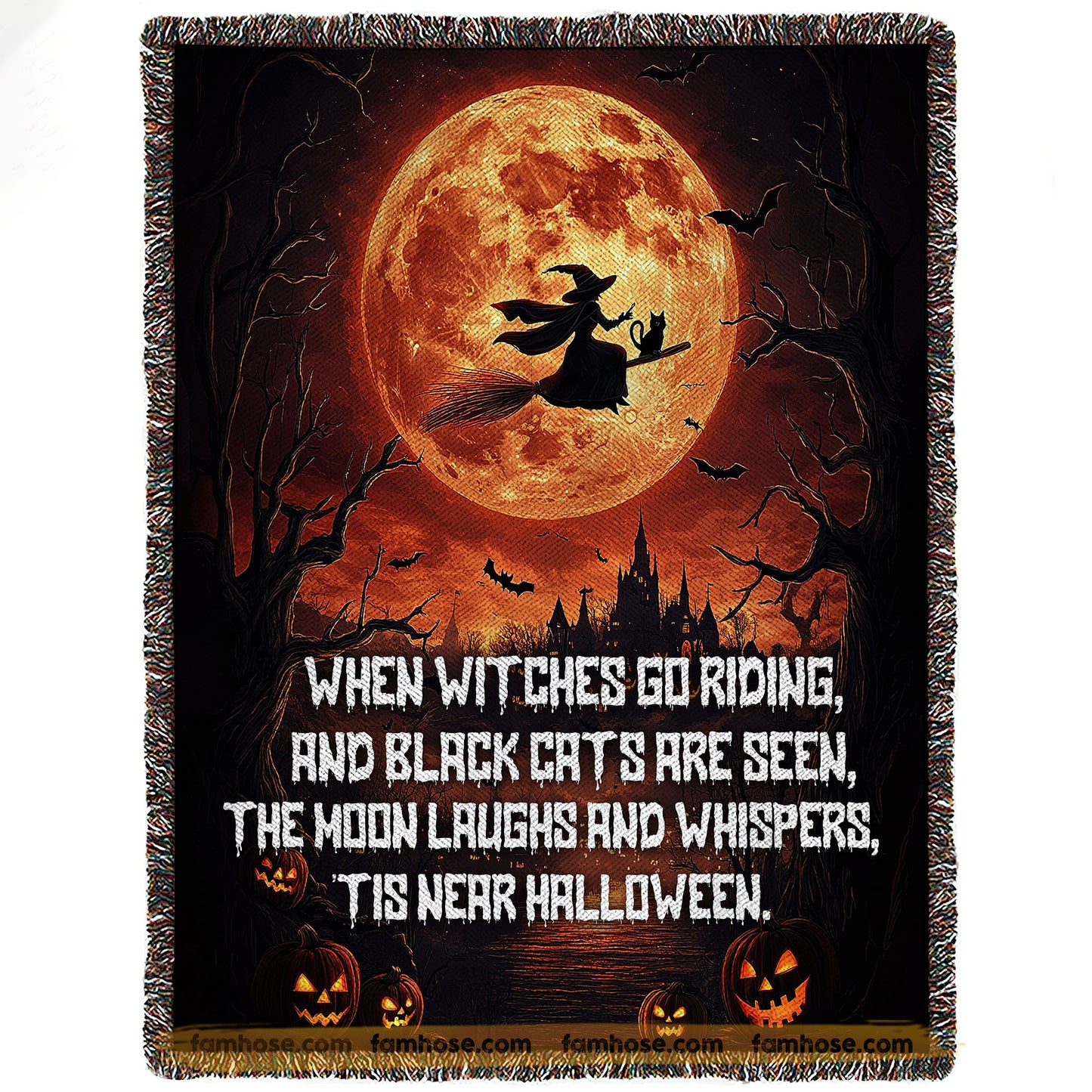 Halloween Witch & Black Cat Fleece Blanket, When Witches Go Riding Woven Blanket, Sherpa Blanket Spooky Season Gift For Witch Lovers