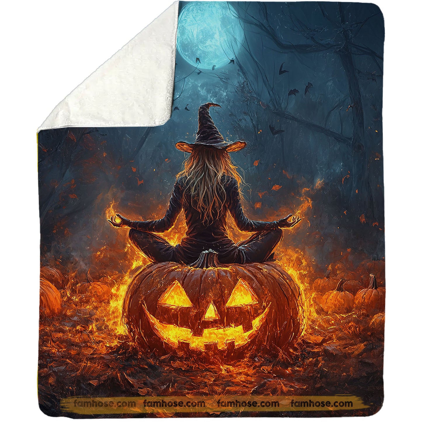 Halloween Meditation Fleece Blanket, A Witch Sits Cross Woven Blanket, Sherpa Blanket Spooky Season Gift For Meditation Lovers