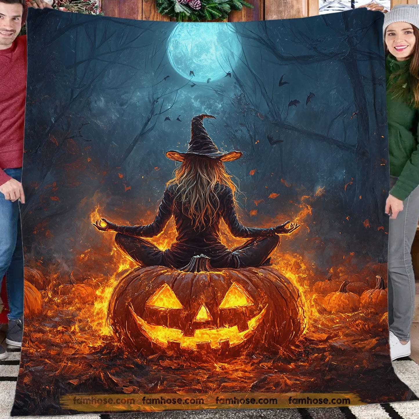 Halloween Meditation Fleece Blanket, A Witch Sits Cross Woven Blanket, Sherpa Blanket Spooky Season Gift For Meditation Lovers