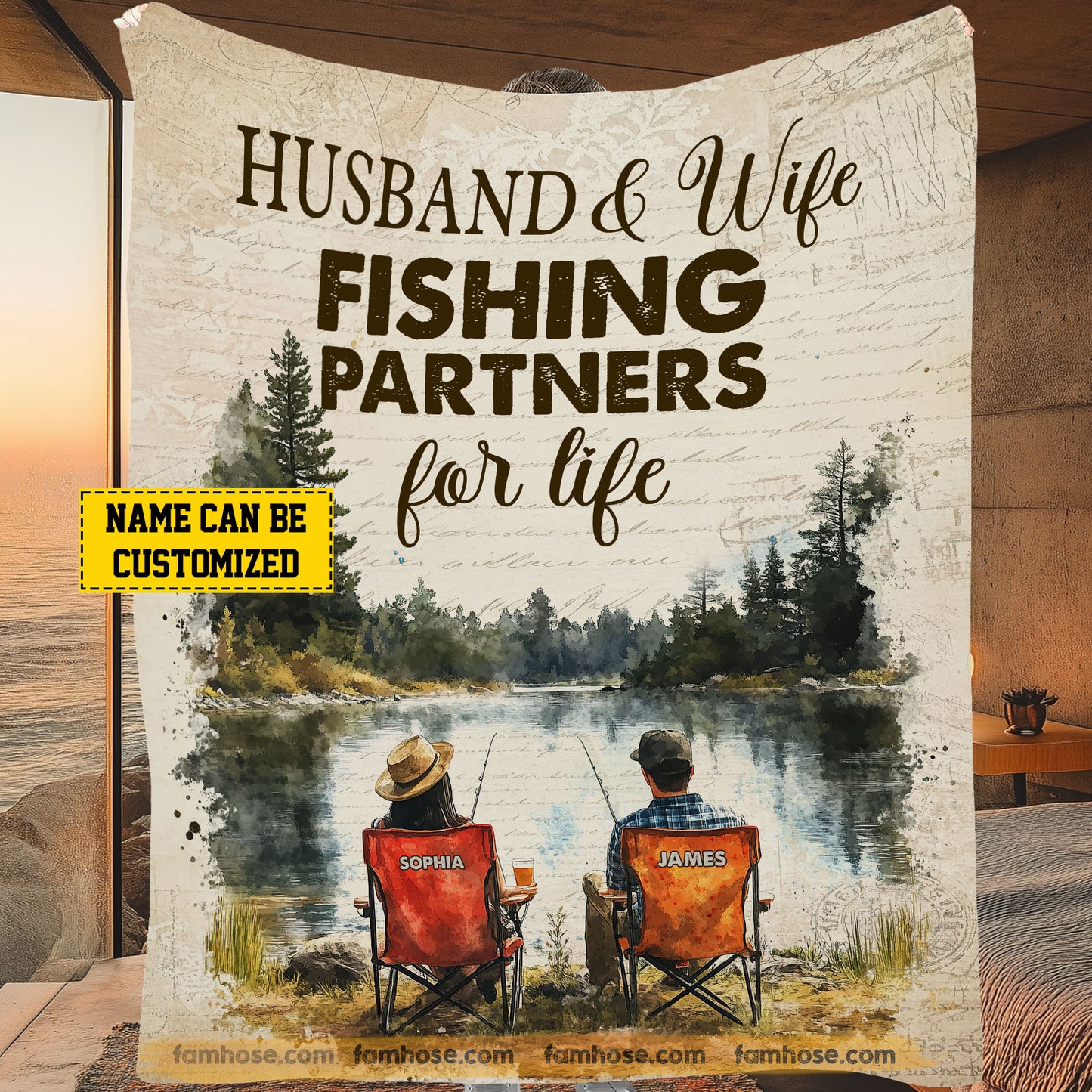 Romantic Personalized Fishing Couple Fleece Blanket, Husband & Wife Fishing Partners For Life Woven Blanket, Cool Sherpa Blanket Gift For Fishing-Loving Couple