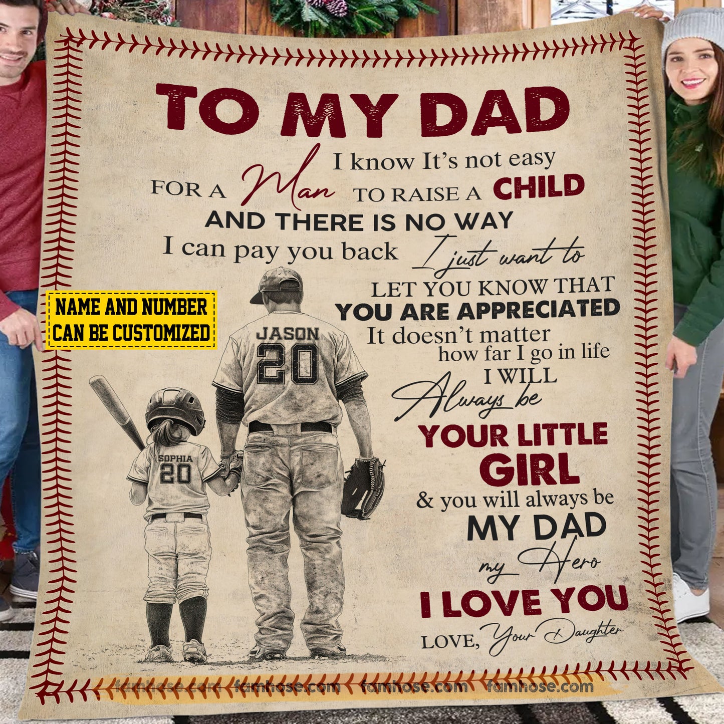 Personalized Softball Dad Daughter Fleece Blanket, To My Dad I Know It Not Easy To Raise A Child Sport Woven Blanket, Sherpa Blanket Father's Day Gift For Softball Lovers