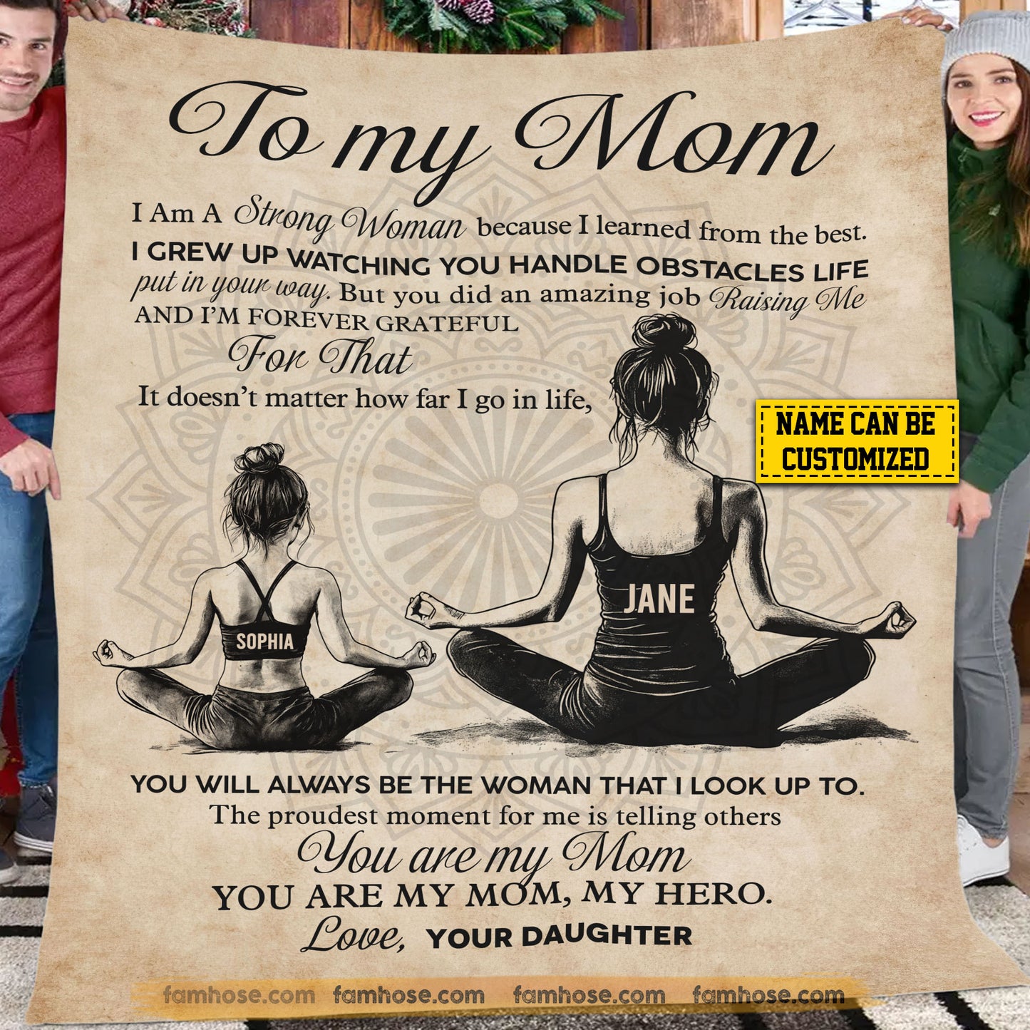 Personalized Yoga Mom Daughter Fleece Blanket, To My Mom I Am A Strong Woman Woven Blanket, Sherpa Blanket Mother's Day Gift For Mom From Yoga Girl
