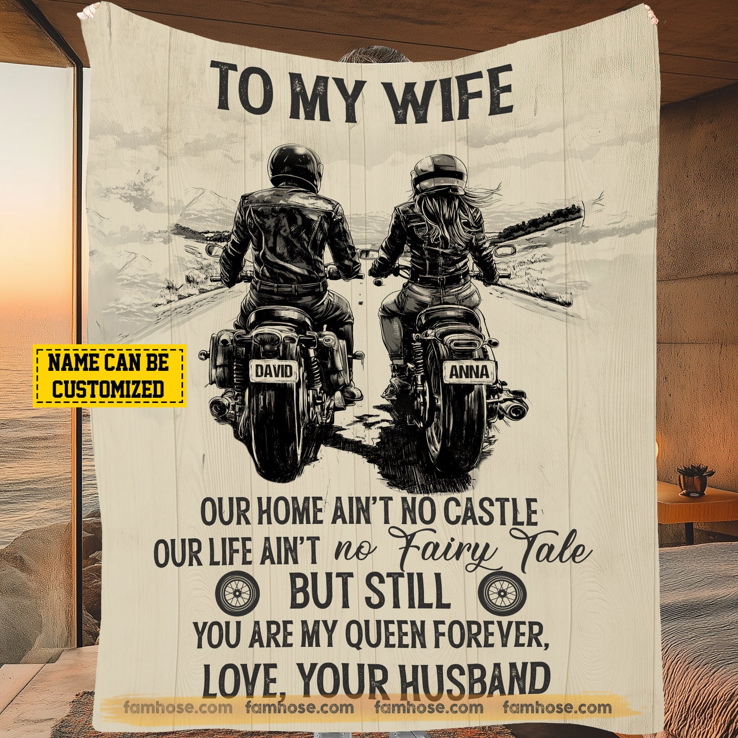 Romantic Biker Couple Fleece Blanket, To My Wife Woven Blanket & Sherpa Blanket Valentine's Day Gifts For Girlfriend Or Wife Who Loves Motorbikes From Husband