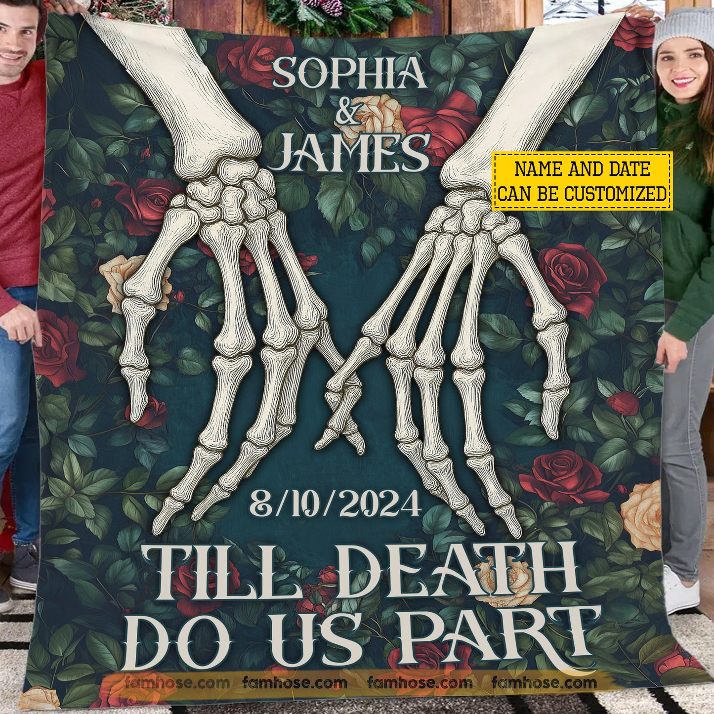 Personalized Halloween Couple Fleece Blanket, Till Death Do Us Part Woven Blanket, Sherpa Blanket Spooky Season Gift For Couple