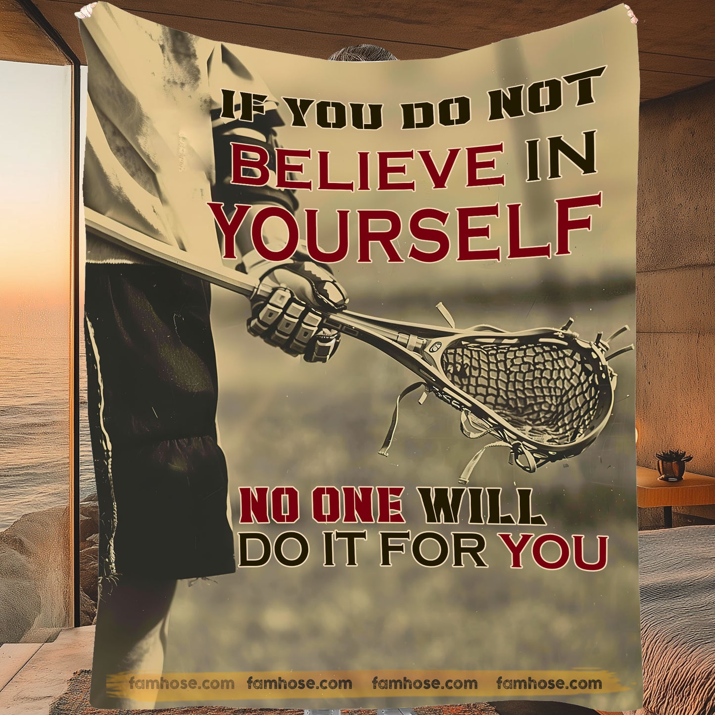 Motivational Lacrosse Fleece Blanket, Believe In Yourself Sport Woven Blanket, Cool Sherpa Blanket Gift For Lacrosse Lovers