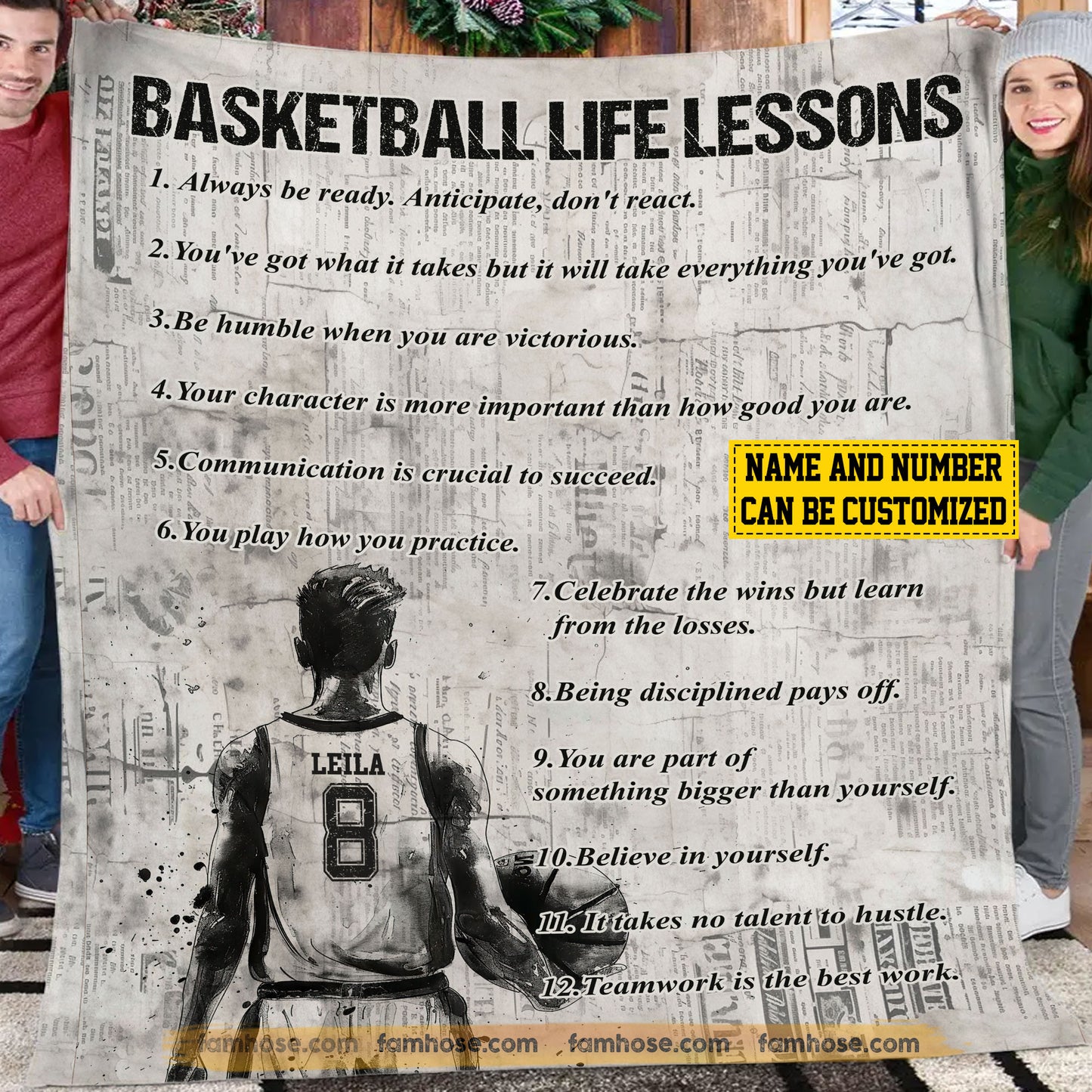 Personalized Basketball Boy Fleece Blanket, Basketball Life Lessons Sport Woven Blanket, Cool Sherpa Blanket Gift For Basketball Lovers
