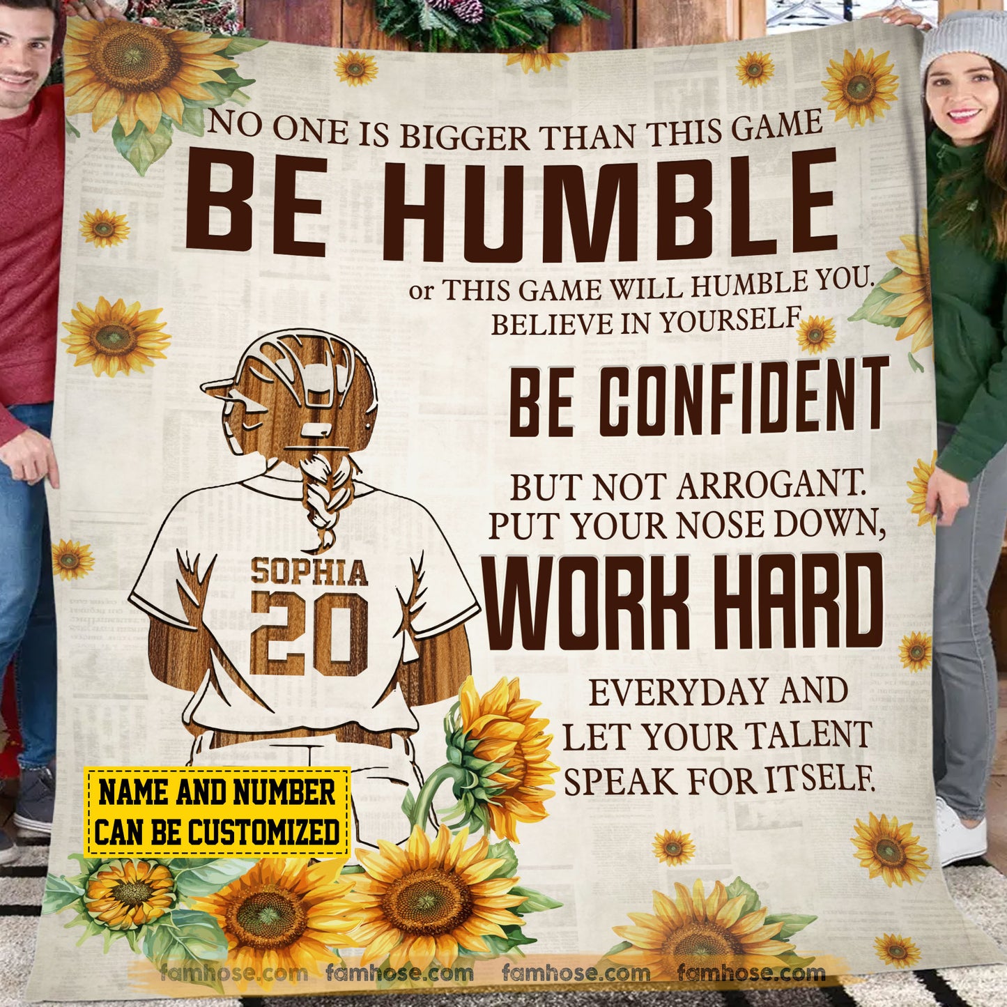 Motivational Personalized Softball Girl Fleece Blanket, Be Humble Be Confident And Work Hard Sport Woven Blanket, Cool Sherpa Blanket Gift For Softball Lovers
