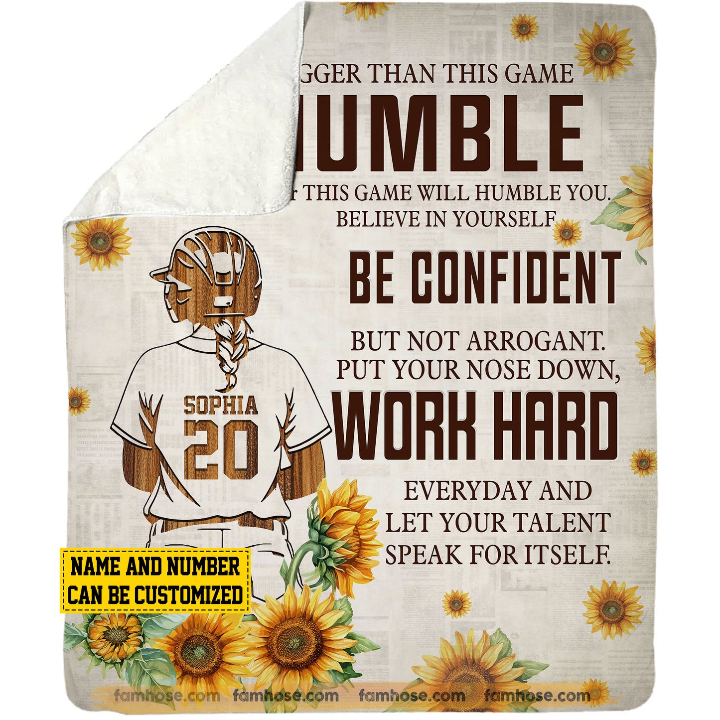 Motivational Personalized Softball Girl Fleece Blanket, Be Humble Be Confident And Work Hard Sport Woven Blanket, Cool Sherpa Blanket Gift For Softball Lovers