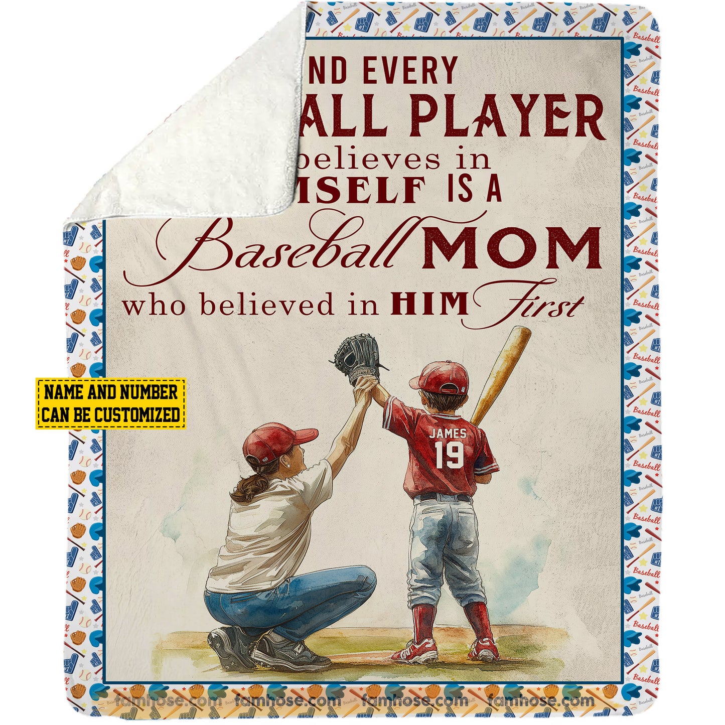 Personalized Baseball Mom Son Fleece Blanket, Behind Every Baseball Player Sport Woven Blanket, Cool Sherpa Blanket Gift For Baseball Lovers