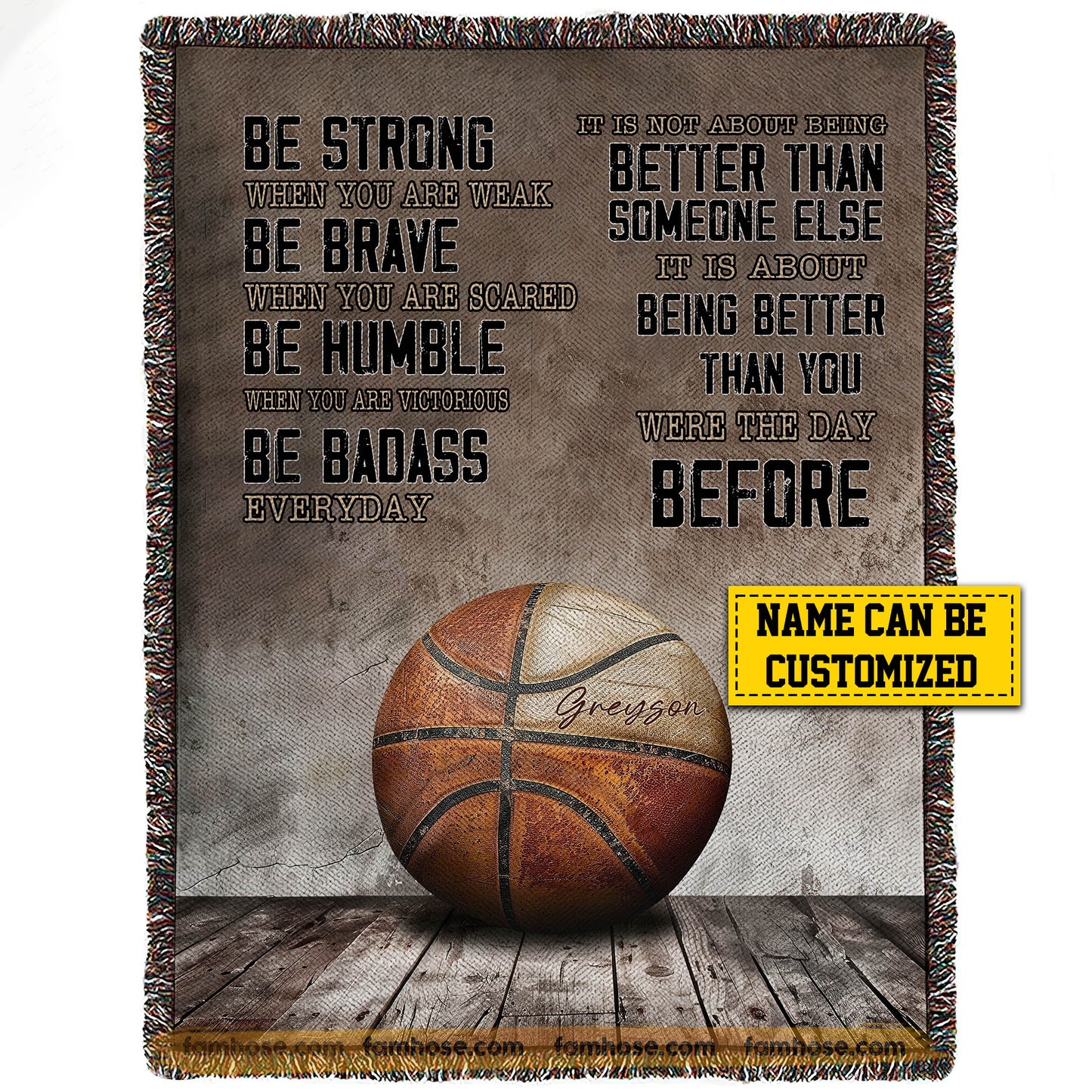 Motivational Personalized Basketball Fleece Blanket, Be Strong Brave Humble And Badass Sport Woven Blanket, Cool Sherpa Blanket Gift For Basketball Lovers