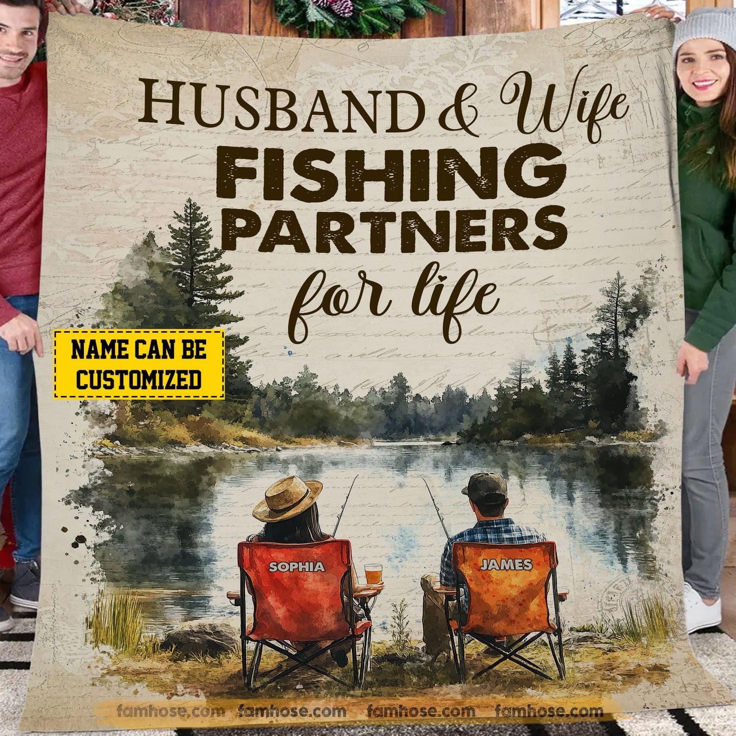 Romantic Personalized Fishing Couple Fleece Blanket, Husband & Wife Fishing Partners For Life Woven Blanket, Cool Sherpa Blanket Gift For Fishing-Loving Couple