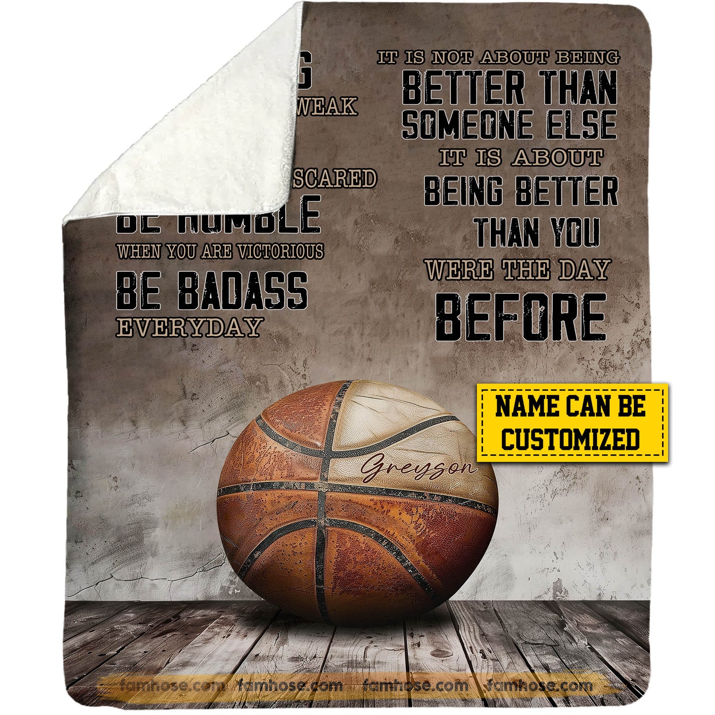 Motivational Personalized Basketball Fleece Blanket, Be Strong Brave Humble And Badass Sport Woven Blanket, Cool Sherpa Blanket Gift For Basketball Lovers