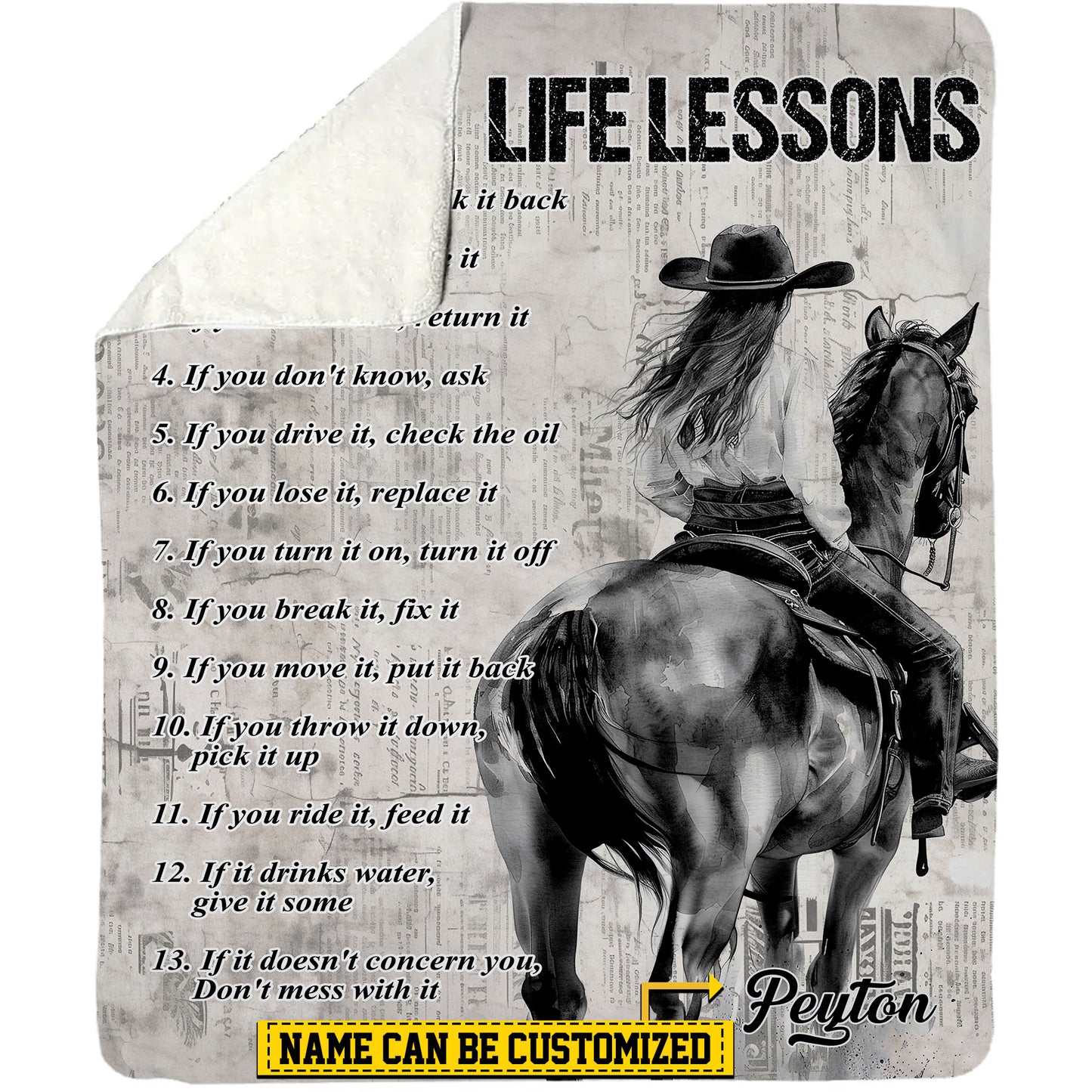 Personalized Cowgirl Fleece Blanket, Cowgirl Life Lessons Baseball Woven Blanket, Cool Sherpa Blanket Gift For Horse Lovers