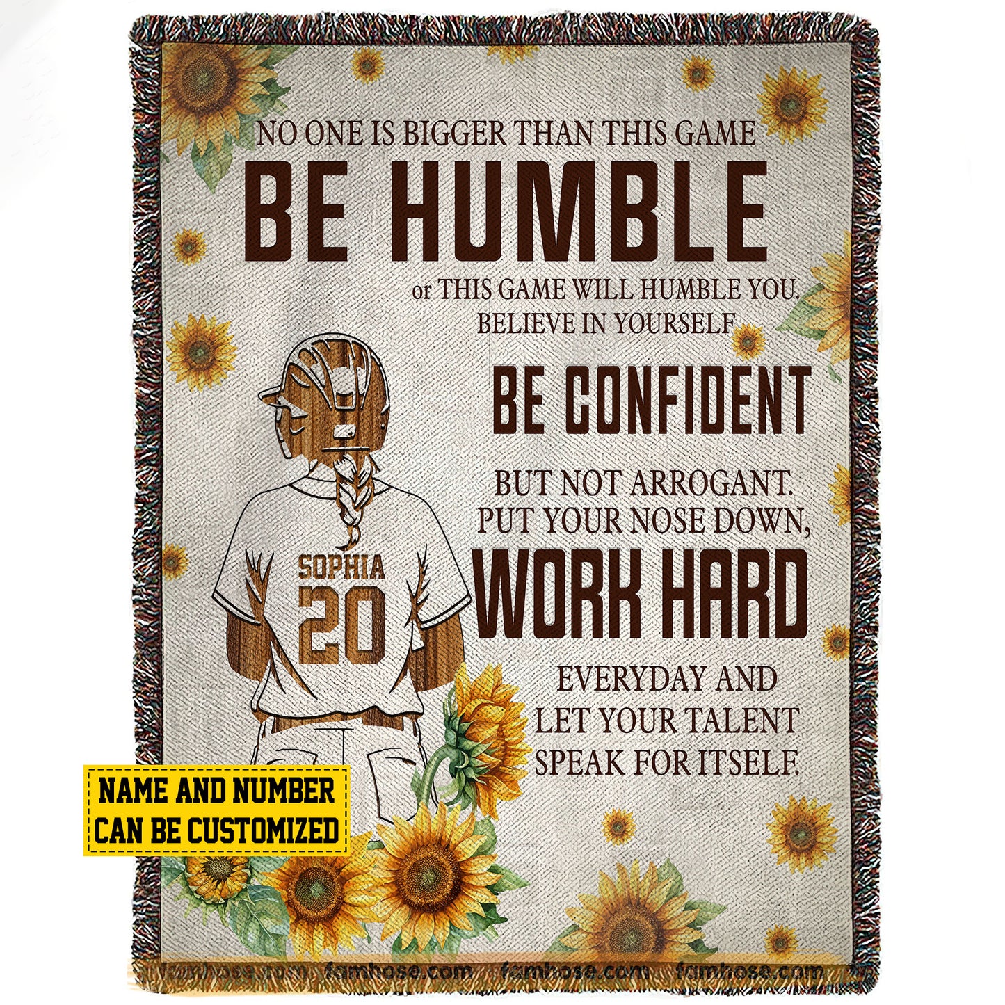 Motivational Personalized Softball Girl Fleece Blanket, Be Humble Be Confident And Work Hard Sport Woven Blanket, Cool Sherpa Blanket Gift For Softball Lovers