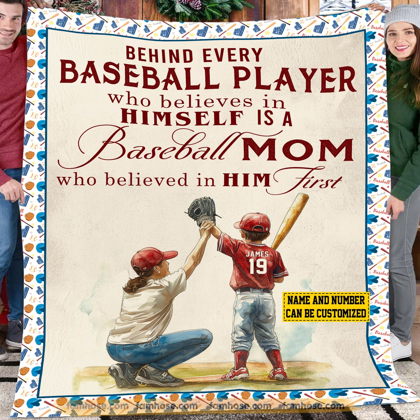 Personalized Baseball Mom Son Fleece Blanket, Behind Every Baseball Player Sport Woven Blanket, Cool Sherpa Blanket Gift For Baseball Lovers