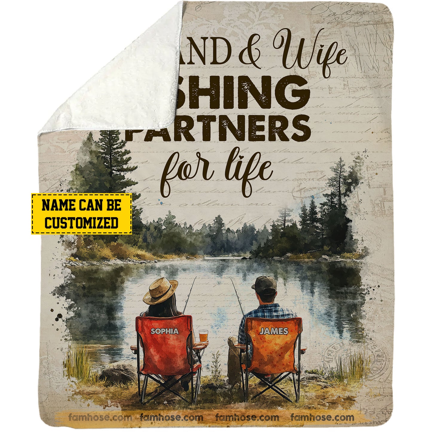 Romantic Personalized Fishing Couple Fleece Blanket, Husband & Wife Fishing Partners For Life Woven Blanket, Cool Sherpa Blanket Gift For Fishing-Loving Couple