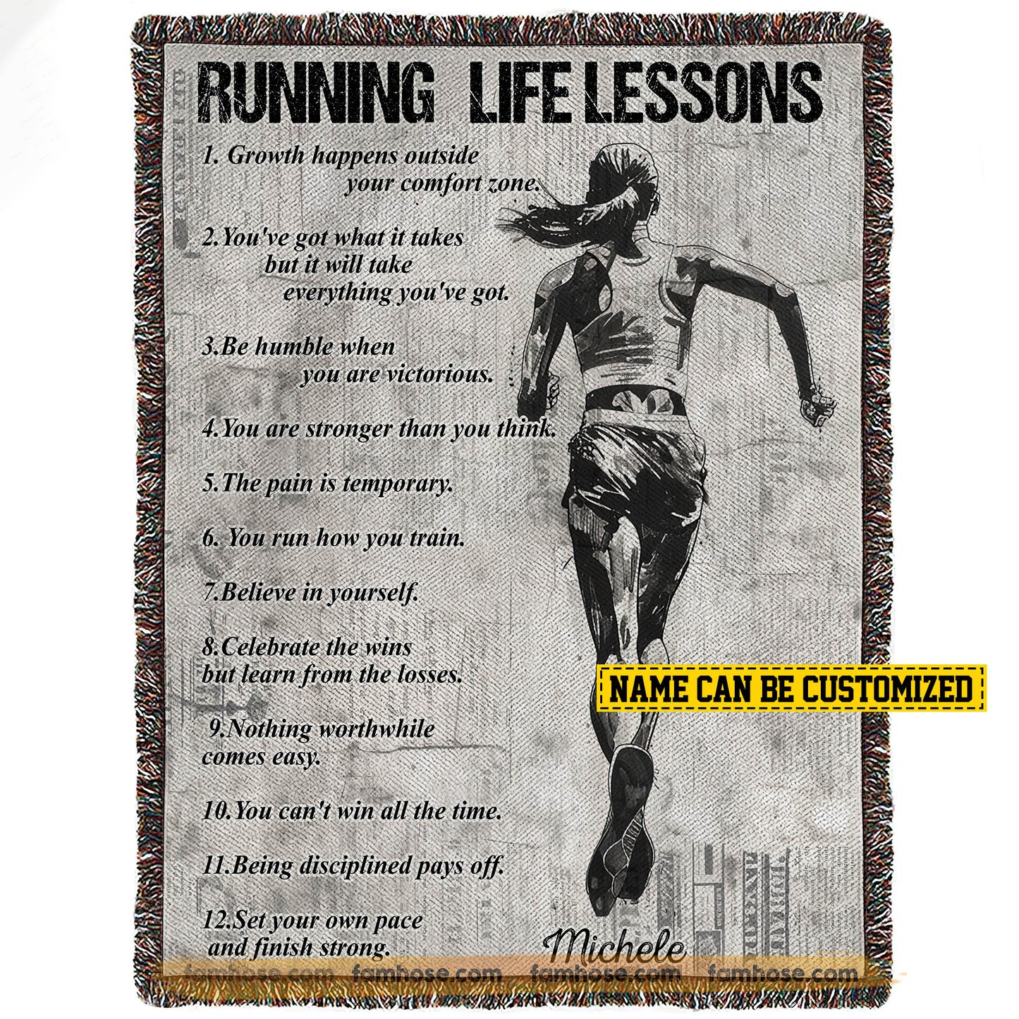 Motivational Personalized Running Girl Fleece Blanket, Running Life Lessons Sport Woven Blanket, Cool Sherpa Blanket Gift For Running Lovers