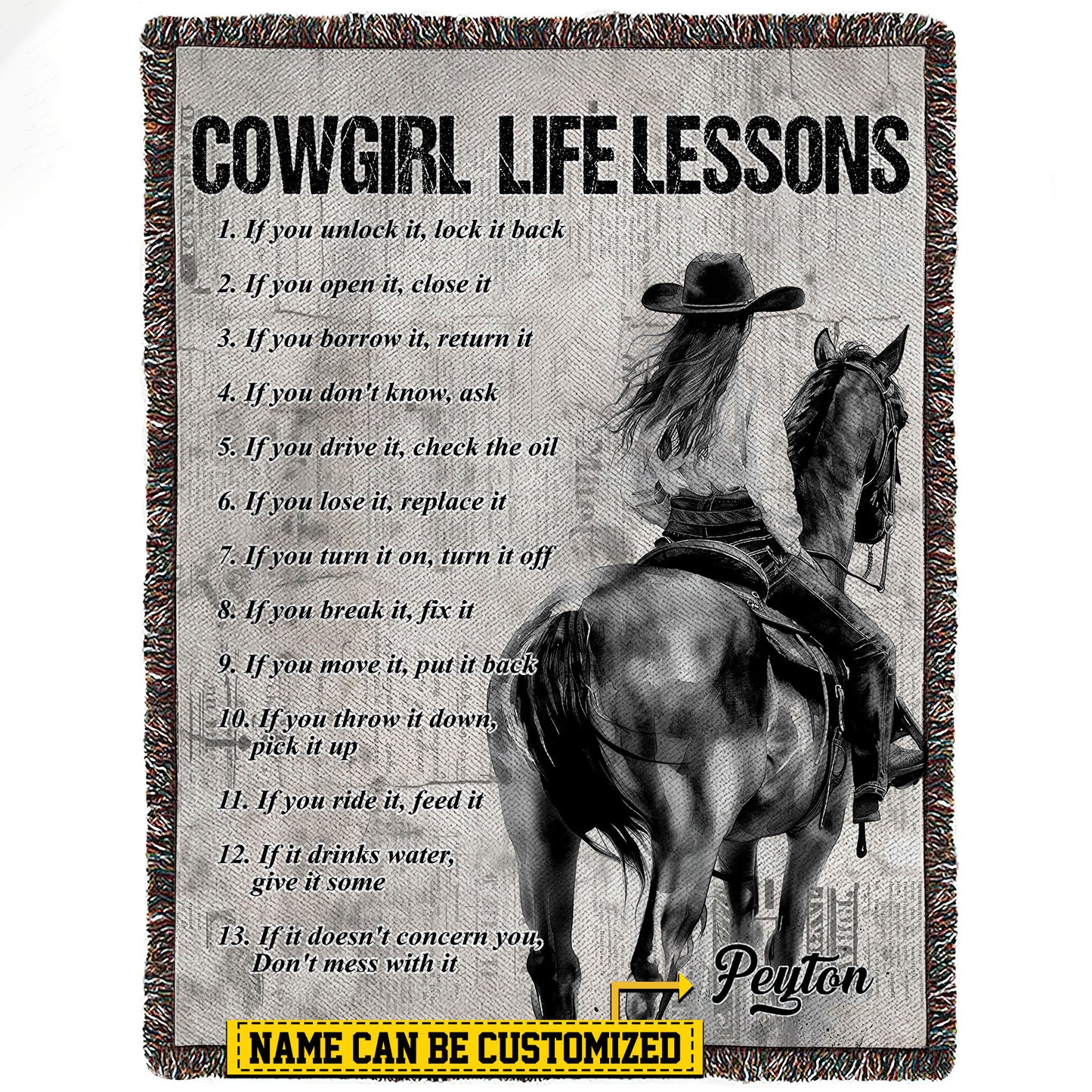 Personalized Cowgirl Fleece Blanket, Cowgirl Life Lessons Baseball Woven Blanket, Cool Sherpa Blanket Gift For Horse Lovers