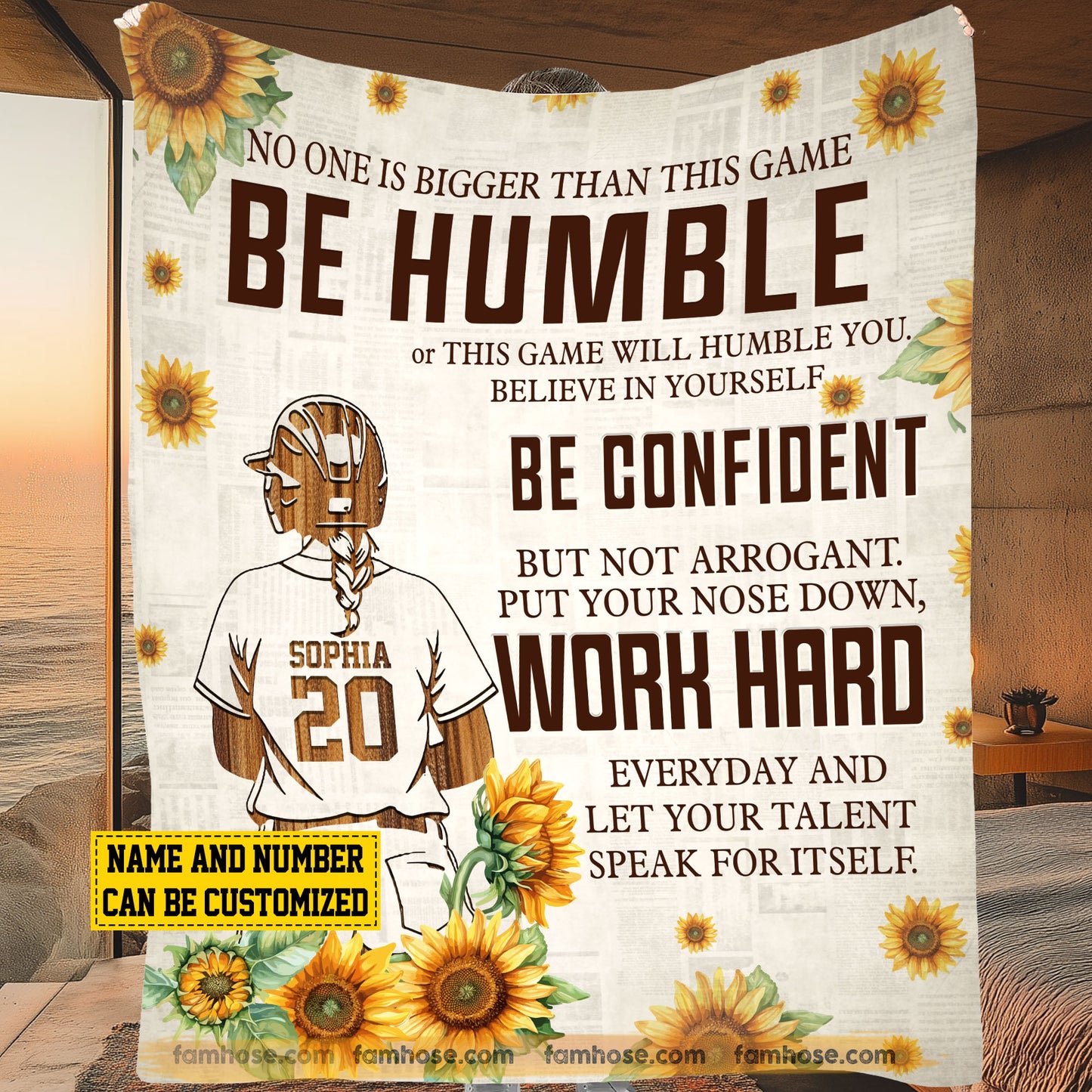 Motivational Personalized Softball Girl Fleece Blanket, Be Humble Be Confident And Work Hard Sport Woven Blanket, Cool Sherpa Blanket Gift For Softball Lovers