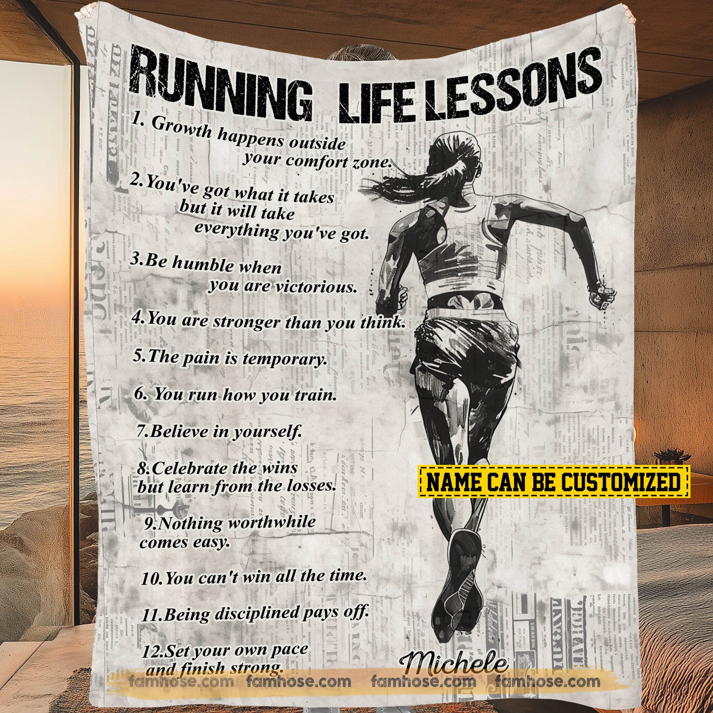 Motivational Personalized Running Girl Fleece Blanket, Running Life Lessons Sport Woven Blanket, Cool Sherpa Blanket Gift For Running Lovers
