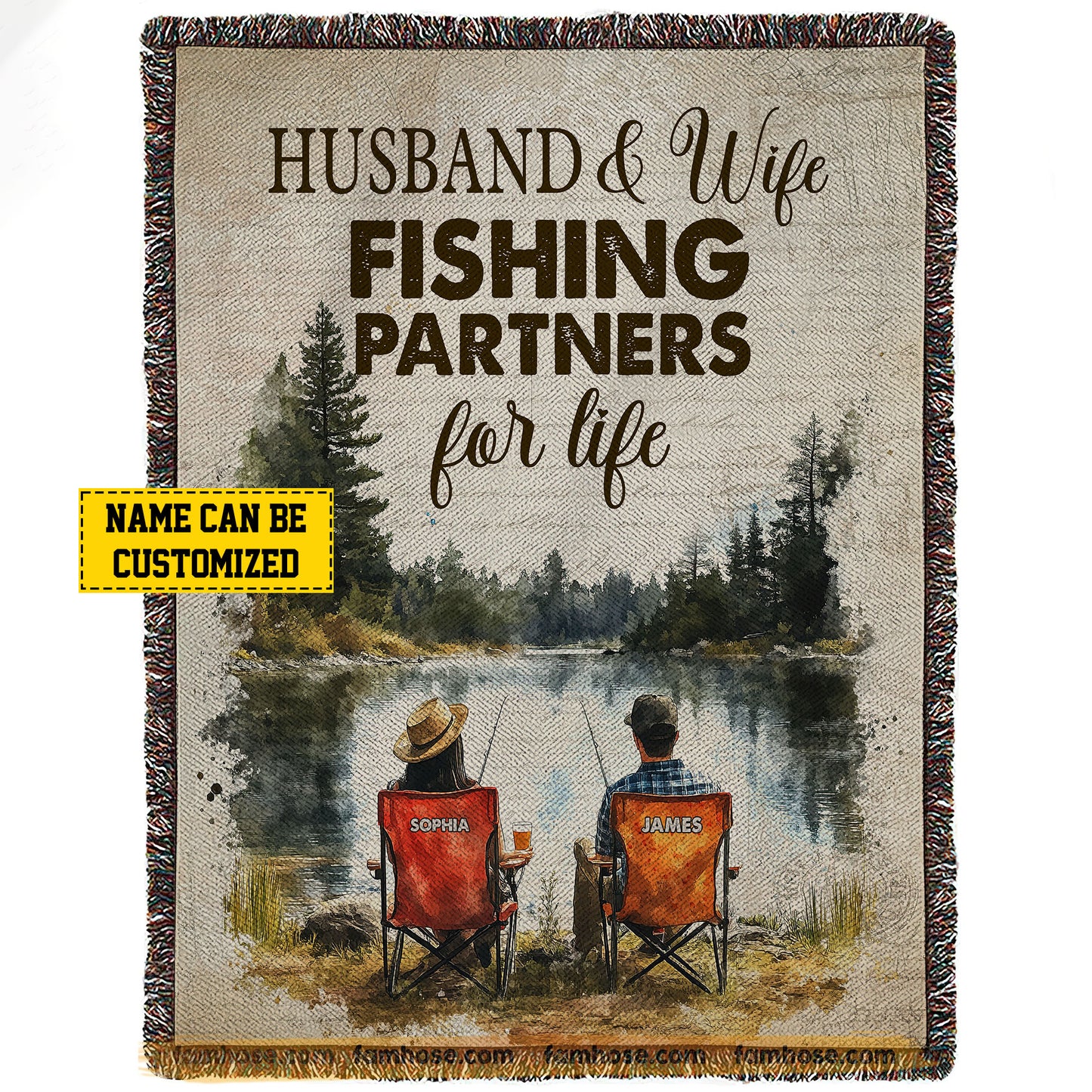 Romantic Personalized Fishing Couple Fleece Blanket, Husband & Wife Fishing Partners For Life Woven Blanket, Cool Sherpa Blanket Gift For Fishing-Loving Couple
