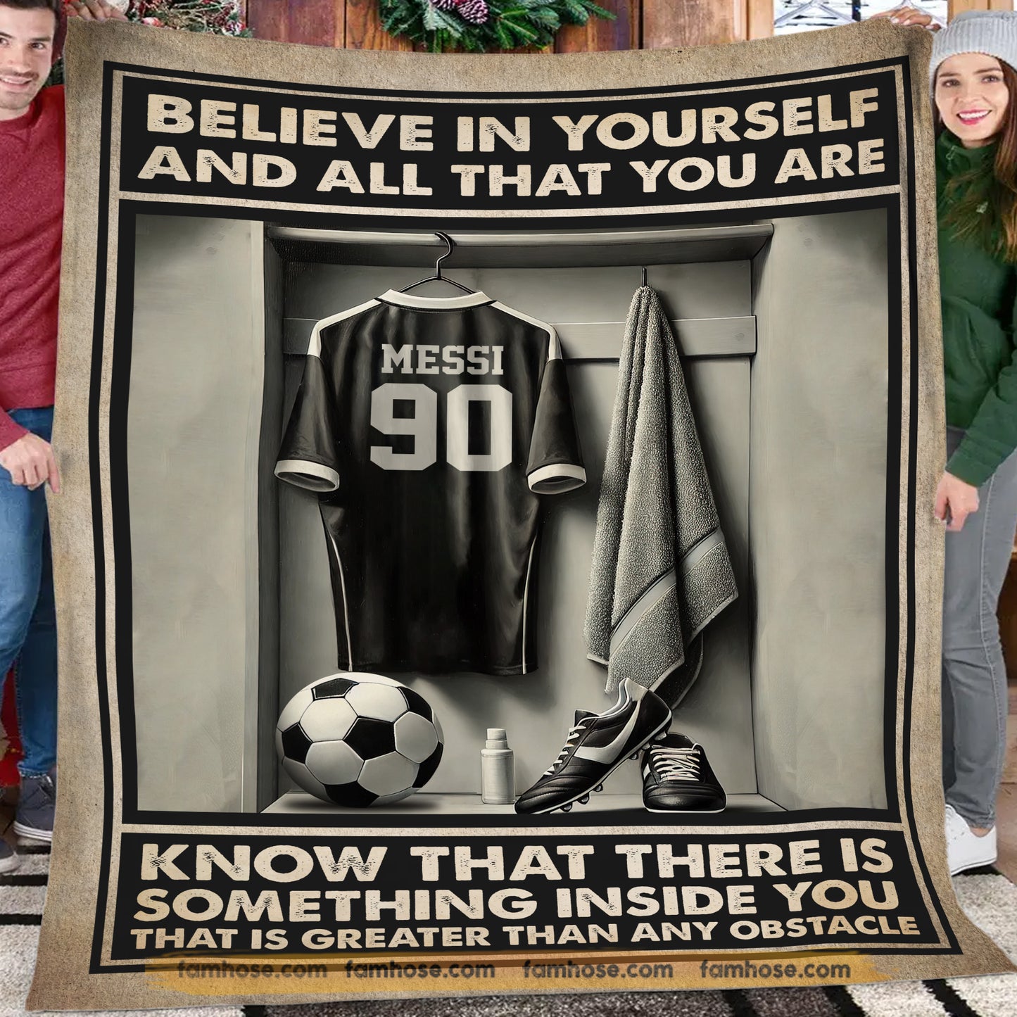 Motivational Personalized Soccer Fleece Blanket, Believe In Yourself All That You Are Woven Blanket, Cool Sherpa Blanket Gift For Soccer Lovers