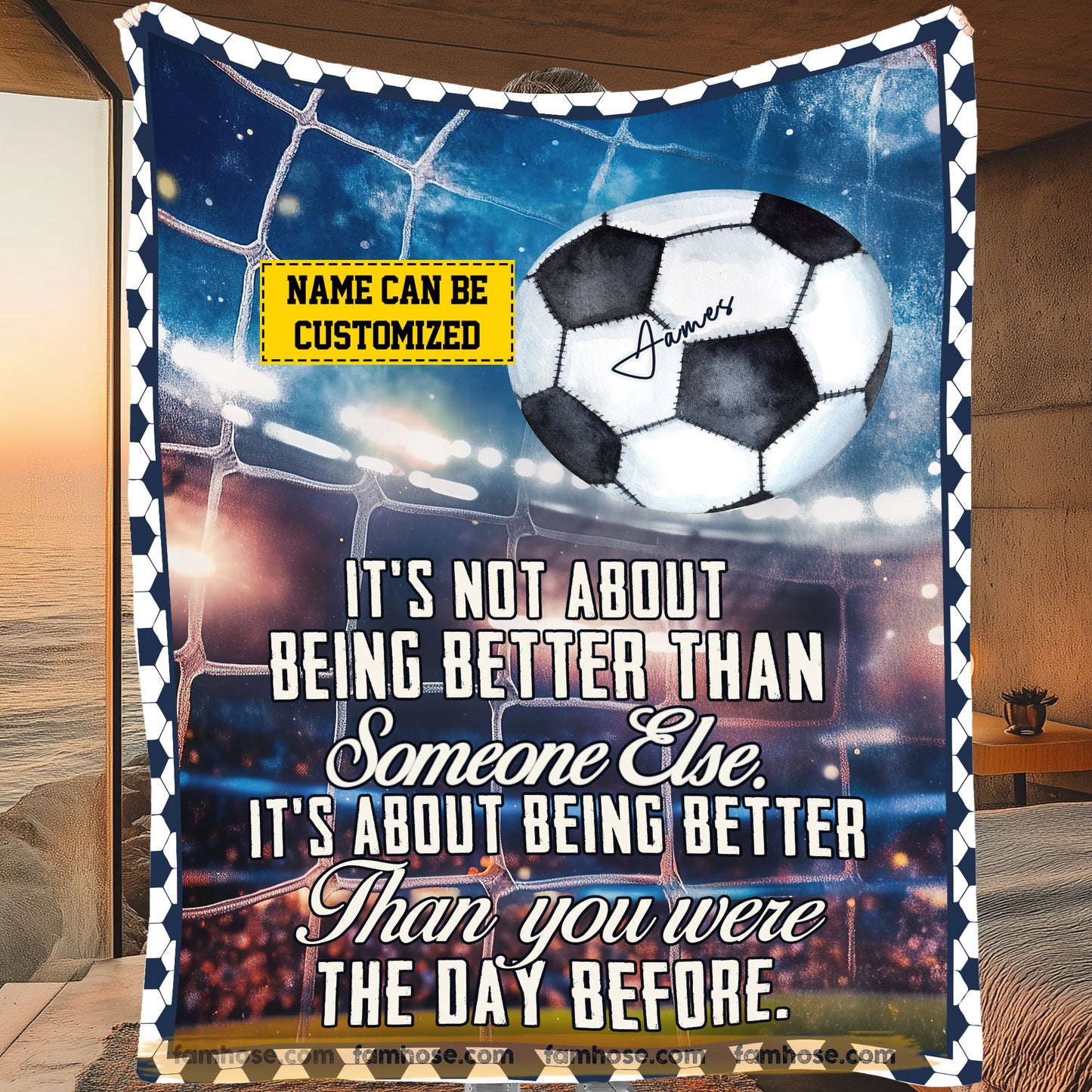 Motivational Personalized Soccer Fleece Blanket, It's About Being Better Than You Were The Day Before Sport Woven Blanket, Cool Sherpa Blanket Gift For Soccer Lovers