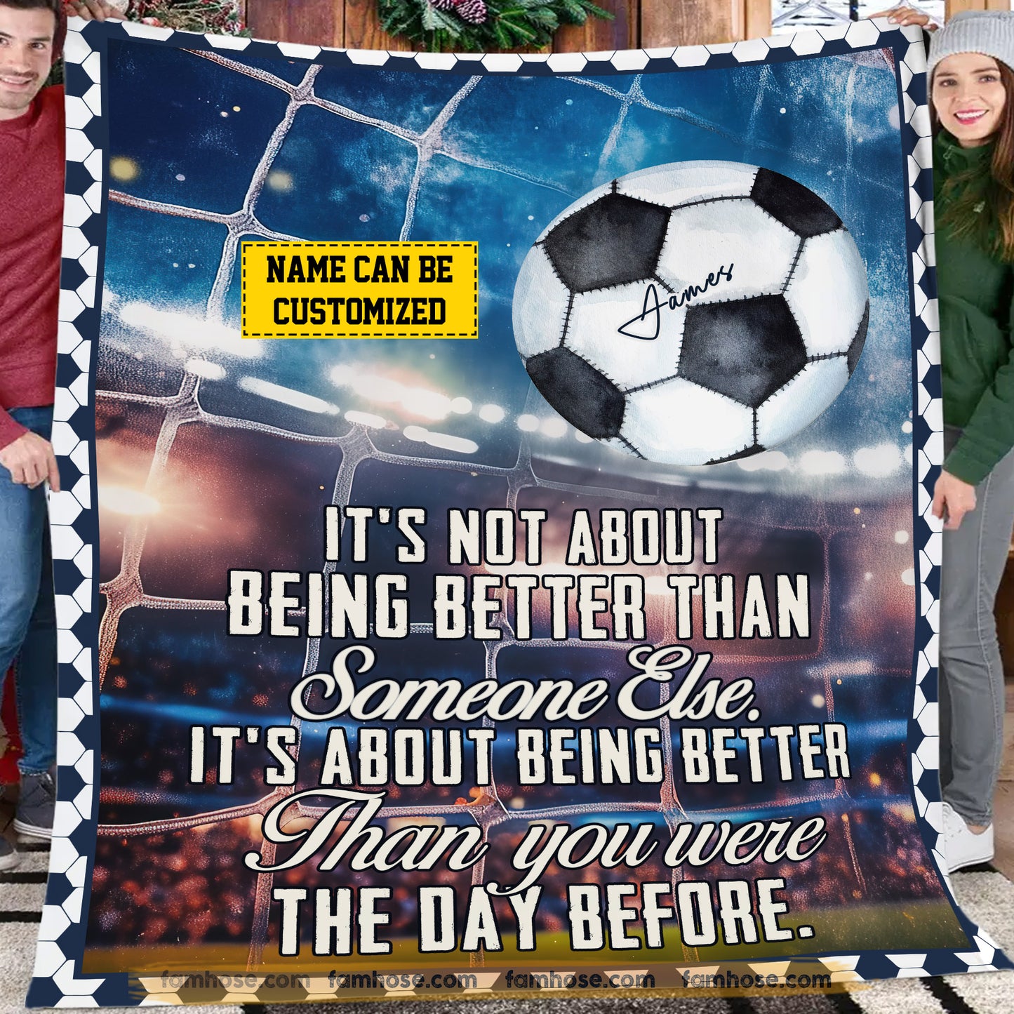 Motivational Personalized Soccer Fleece Blanket, It's About Being Better Than You Were The Day Before Sport Woven Blanket, Cool Sherpa Blanket Gift For Soccer Lovers