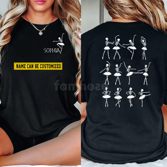 Personalized Halloween Ballet Skeleton Backside T-shirt, Ballerina Performance Tees Spooky Season Gift For Ballet Lovers