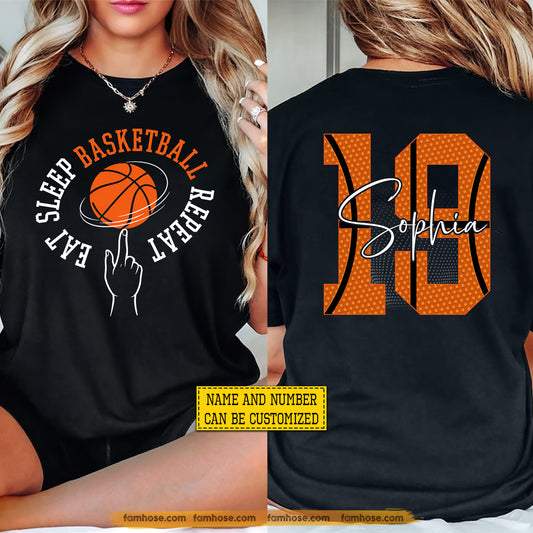 Personalized Basketball Two-sided T-shirt, Eat Sleep Basketball Repeat Sport Tees Gift For Basketball Lover