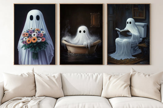 Set Of 3 Halloween Boo Canvas Painting, Ghostly Daily Routines Wall Art Decor, Poster Gift For Ghost Lovers