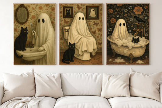 Set Of 3 Halloween Boo Cat Canvas Painting, Spooky Bathroom Chronicles Wall Art Decor, Poster Gift For Ghost Lovers, Cat Lovers