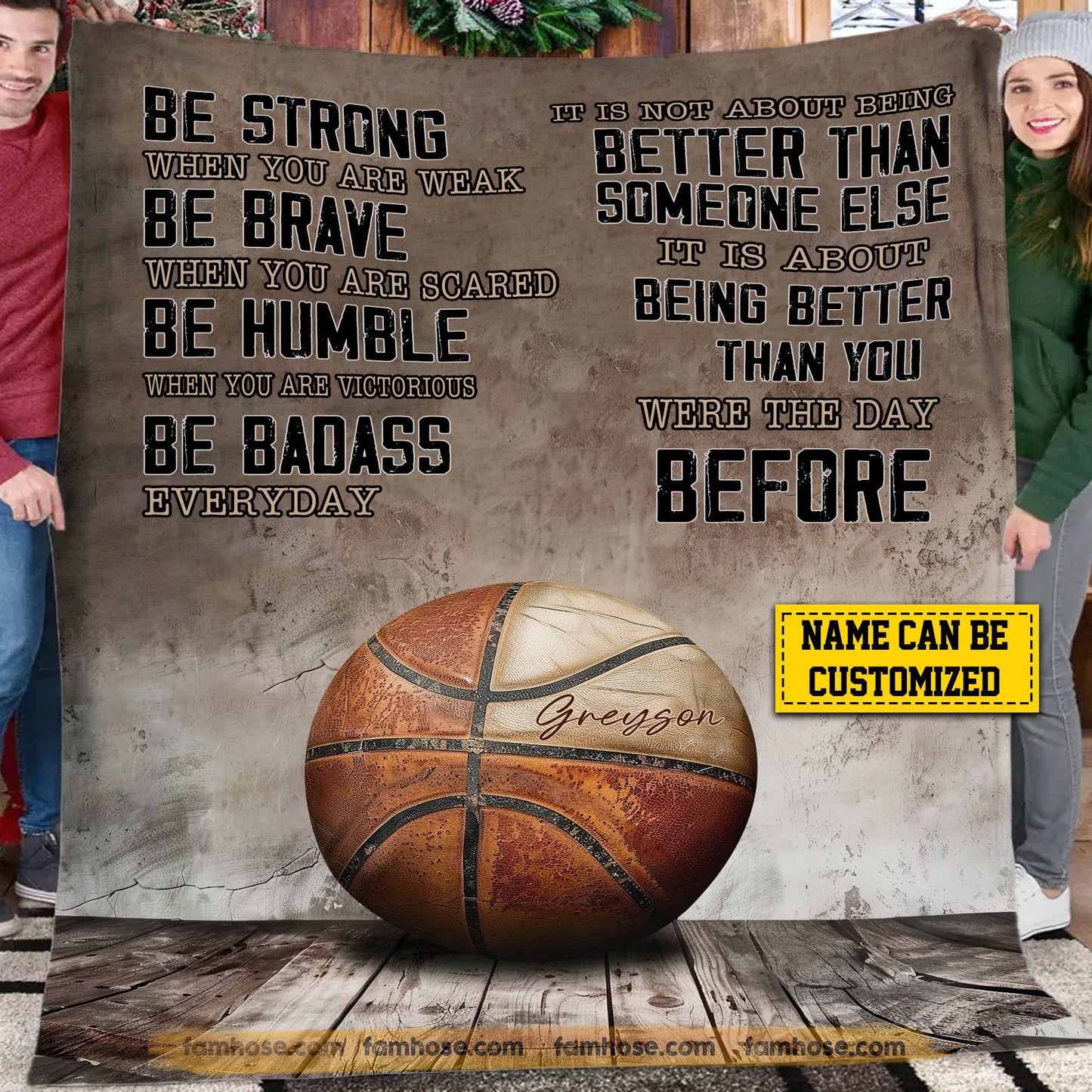 Motivational Personalized Basketball Fleece Blanket, Be Strong Brave Humble And Badass Sport Woven Blanket, Cool Sherpa Blanket Gift For Basketball Lovers