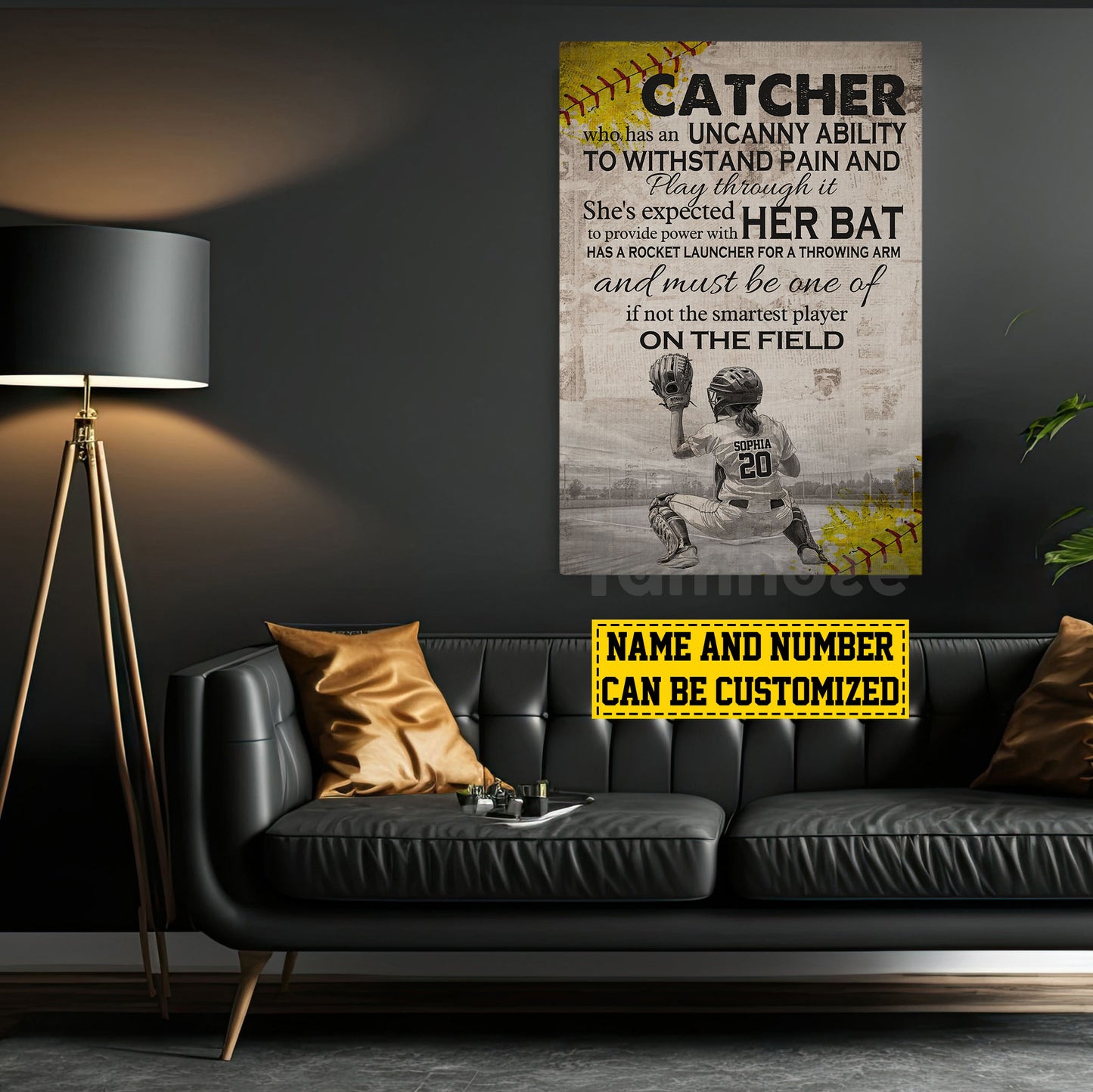 Personalized Motivational Softball Girl Canvas Painting, Catcher She's Expected To Provide Power With Her Bat, Sport Wall Art Decor, Poster Gift For Softball Lovers, Softball Players