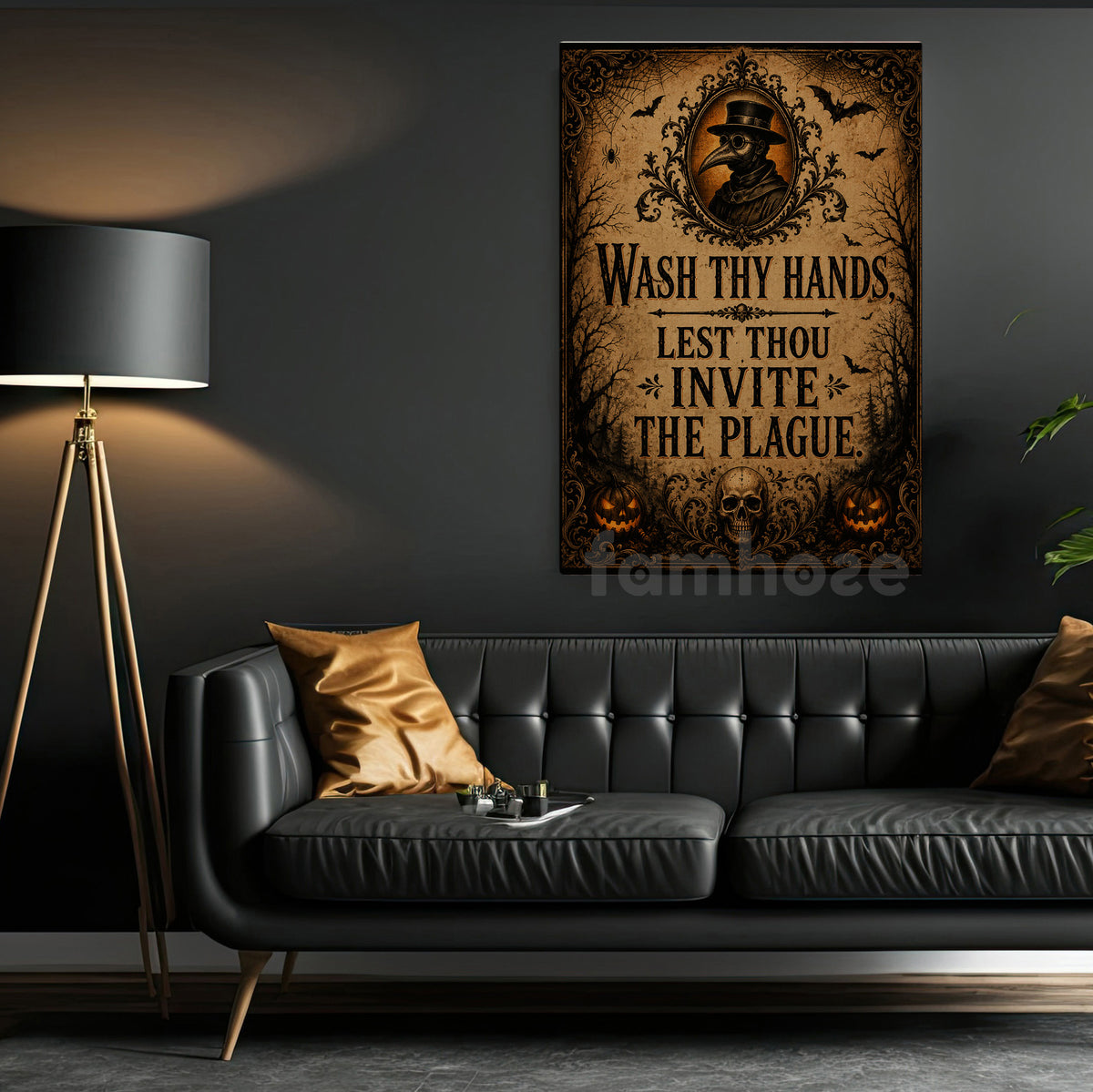 Halloween Wash Hands Toilet Canvas Painting, Lest Thou Invite The Plague Bathroom Wall Art Decor, Spooky Season Restroom Poster Gift Plague Doctor Lover