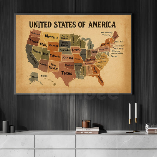 Retro America Map Canvas Painting, United States Of America Wall Art Decor, Poster Vintage Gift For American Lover