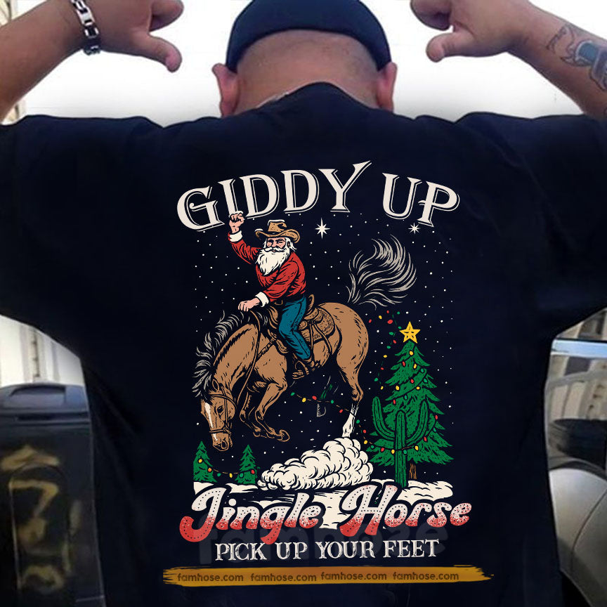 Funny Christmas Cowboy Rodeo Backside T-shirt, Giddy Up Jingle Horse Tees Xmas Gift For Cowboys