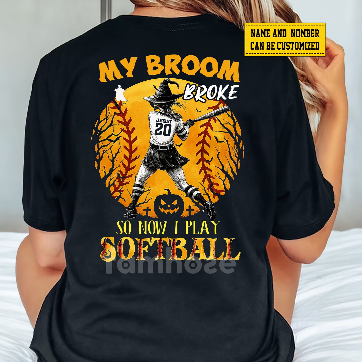 Personalized Halloween Softball Witch Backside T-shirt, My Broom Broke Tees Spooky Season Gift For Softball Lovers