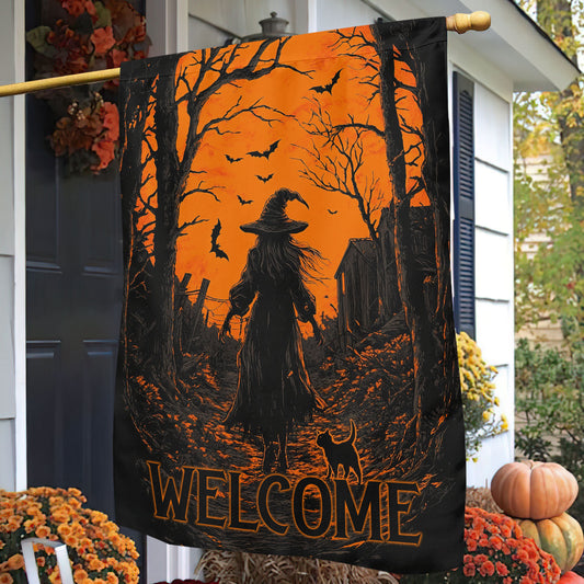 Halloween Witch Cat Garden Flag House Flag, Welcome Yard Flag Spooky Season Gift For Witch Lovers, Cat Lovers