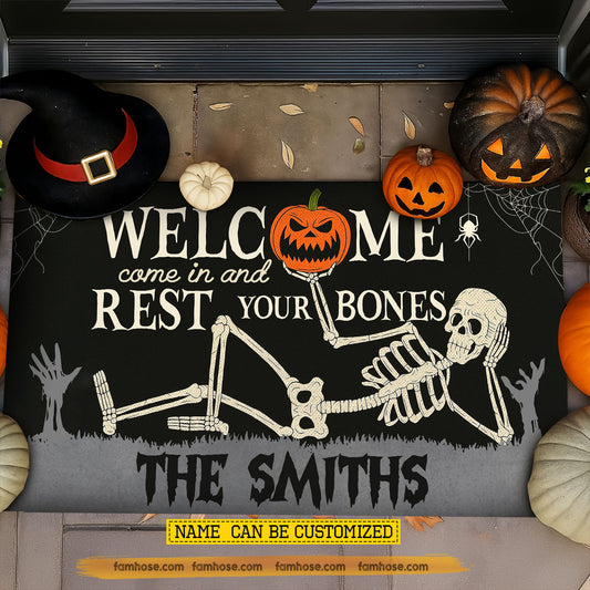 Funny Personalized Halloween Skeleton Doormat, Welcome Come In And Rest Your Bones, Doormat For Home Decor Housewarming Gift, Welcome Mat Gift For Skeleton Lovers