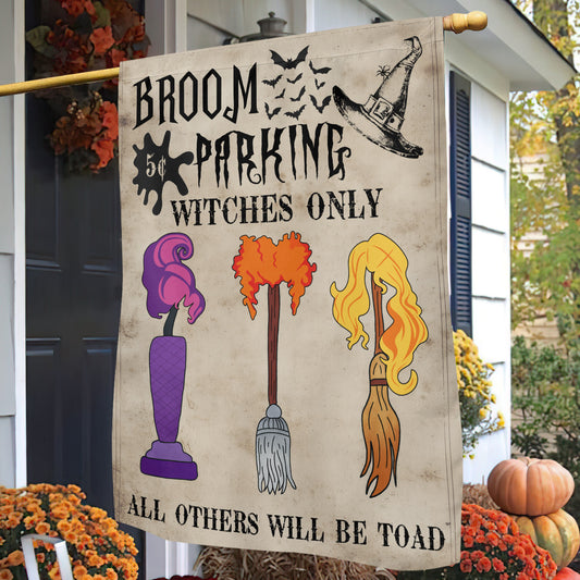 Funny Halloween Witch Garden Flag House Flag, Broom Parking Witches Only Yard Flag Spooky Season Gift For Witch Lovers