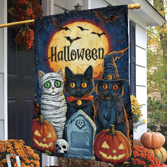 Halloween Cat Garden Flag House Flag, Meow-loween Trio Yard Flag Spooky Season Gift For Cat Lovers