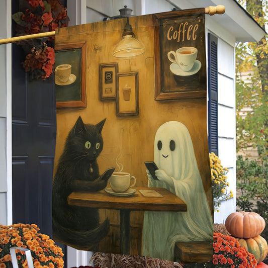 Halloween Cat Boo Garden Flag House Flag, Spirited Coffee Break Yard Flag Spooky Season Gift For Cat Lovers, Ghost Lovers