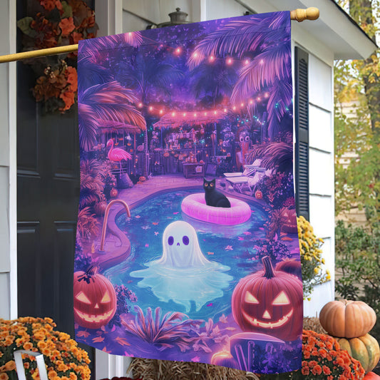 Halloween Boo Cat Flag House Flag, Tropical Spooktacular Yard Flag Spooky Season Gift For Ghost Lovers, Cat Lovers