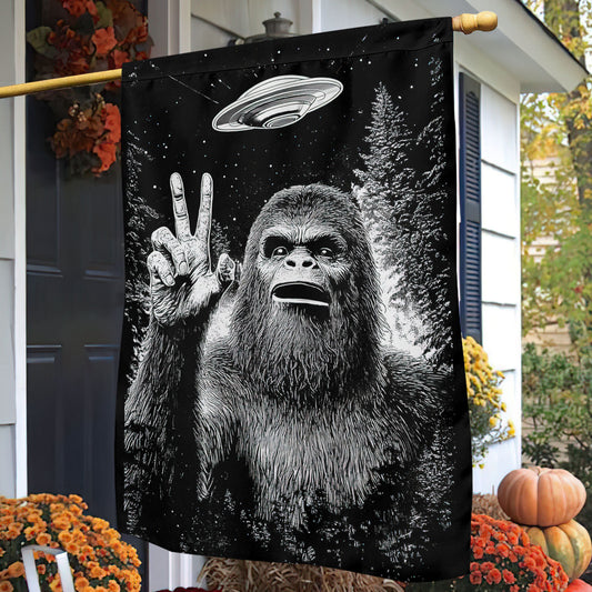 Funny Halloween Bigfoot UFO Garden Flag House Flag, Bigfoot Peace Sign Yard Flag, Spooky Season Gift For Bigfoot Lovers
