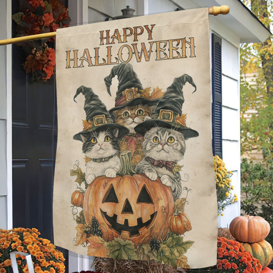 Halloween Cat Garden Flag House Flag, Happy Halloween Trio Yard Flag Spooky Season Gift For Cat Lovers
