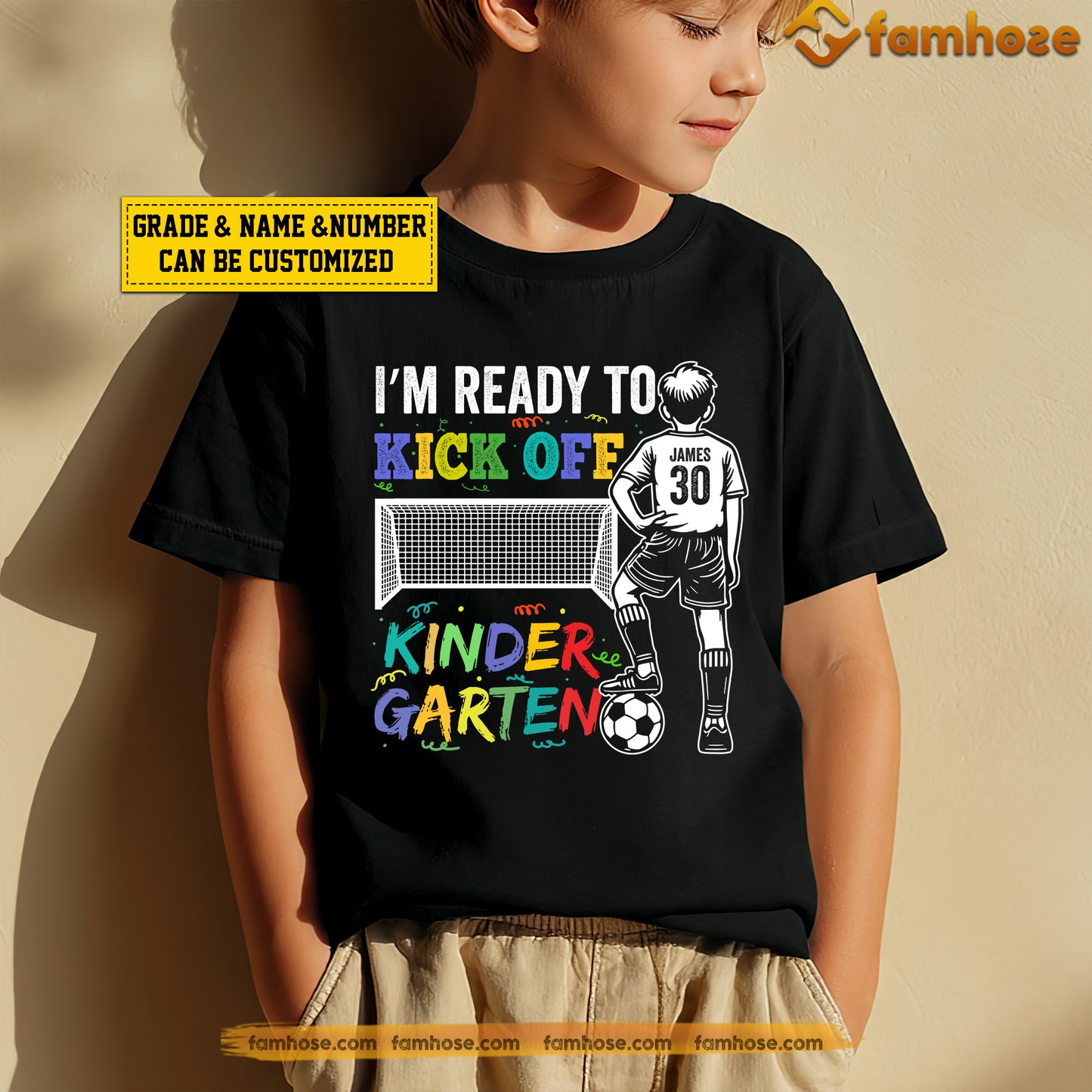 Funny Personalized Back To School Soccer Boy Kid T-shirt, I'm Ready To Kick Off Kindergarden Sport Tees Gift For Soccer Lovers