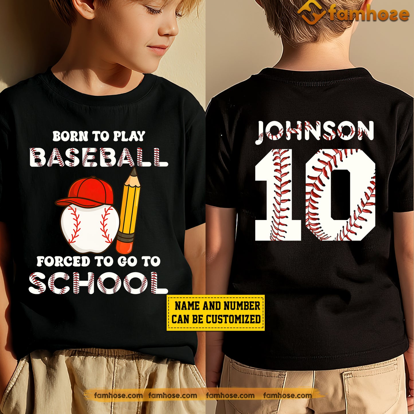 Personalized School Baseball Kid Two-sided T-shirt, Born To Play Baseball Sport Tees Gift For Baseball Lovers