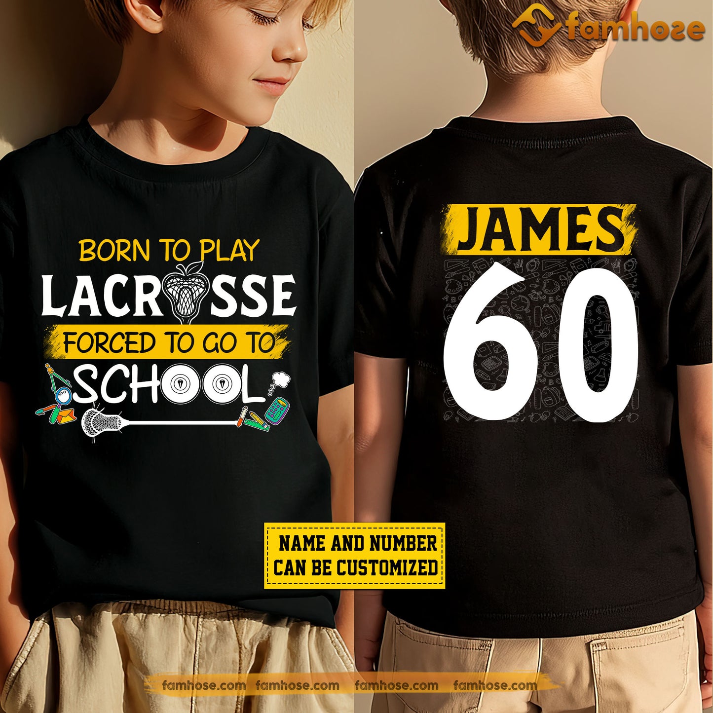 Personalized School Lacrosse Kid Two-sided T-shirt, Born To Play Lacrosse Sport Tees Gift For Lacrosse Lovers