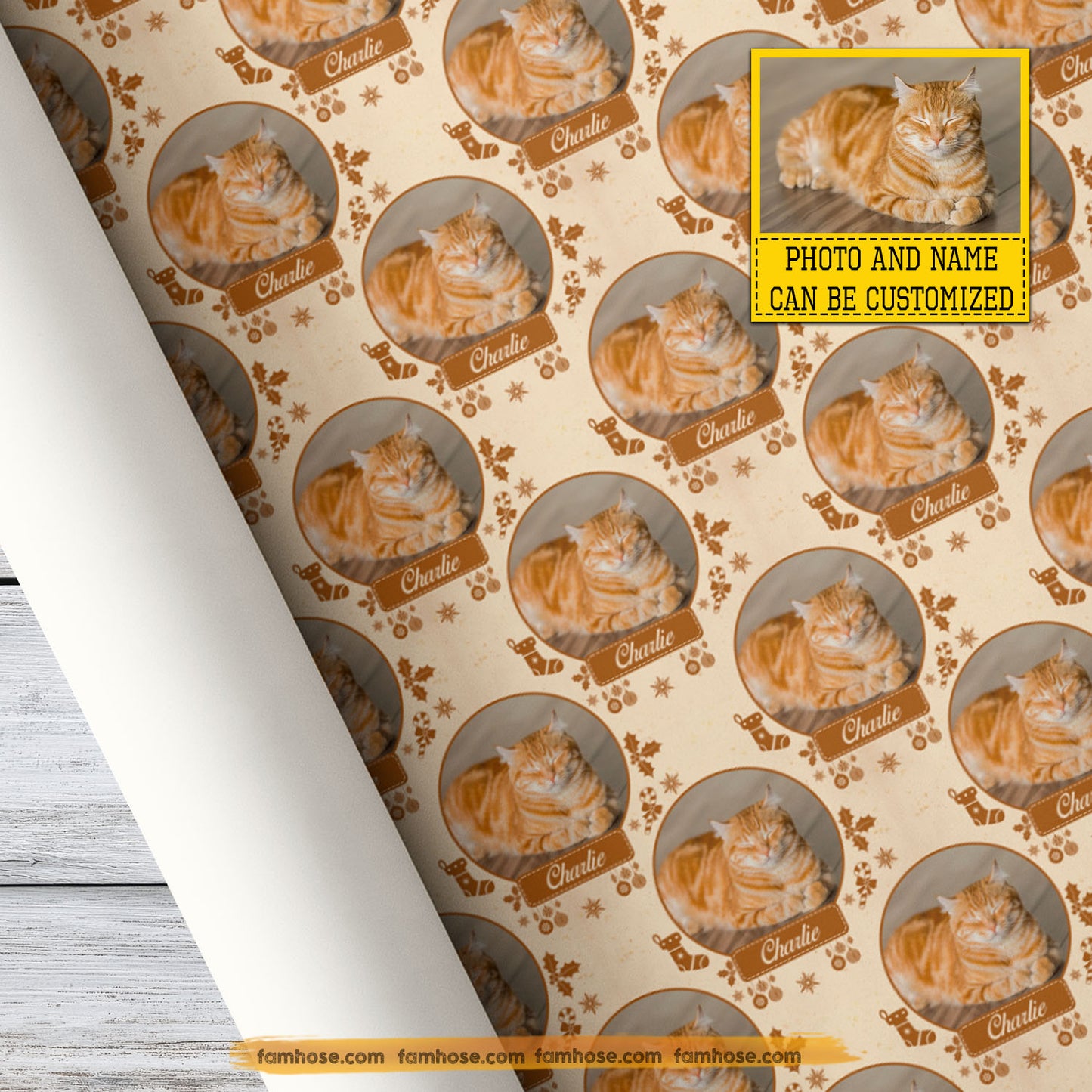 Personalized Christmas Cat Wrapping Paper, Sweet Cat Portrait Wrapping Paper Rolls, Xmas Gift Wrap For Cat Lover